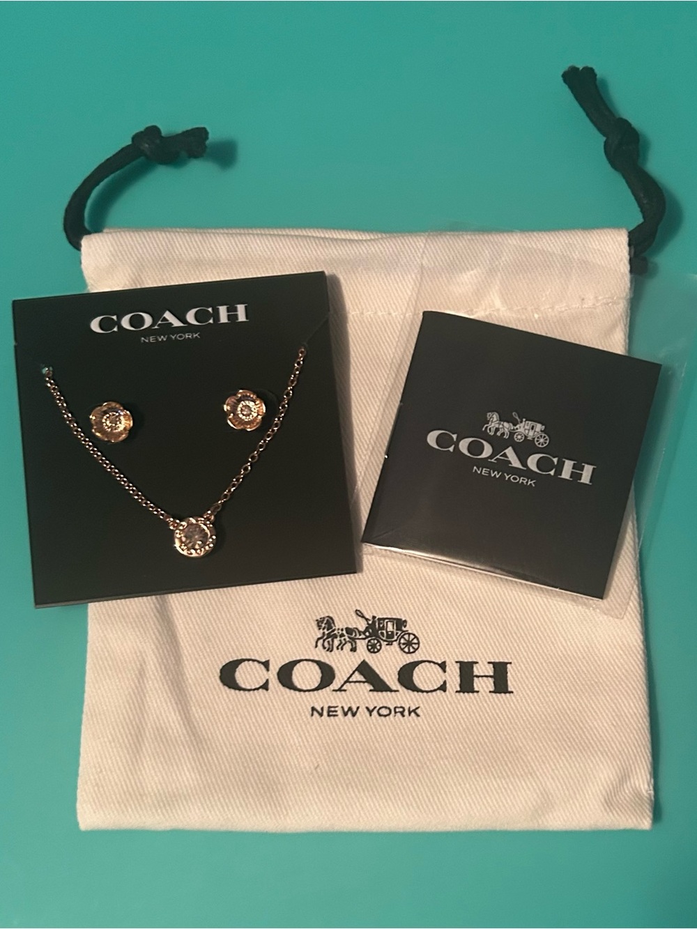 COACH Rose Gold-Tone Crystal Pendant Necklace with Matching Studs